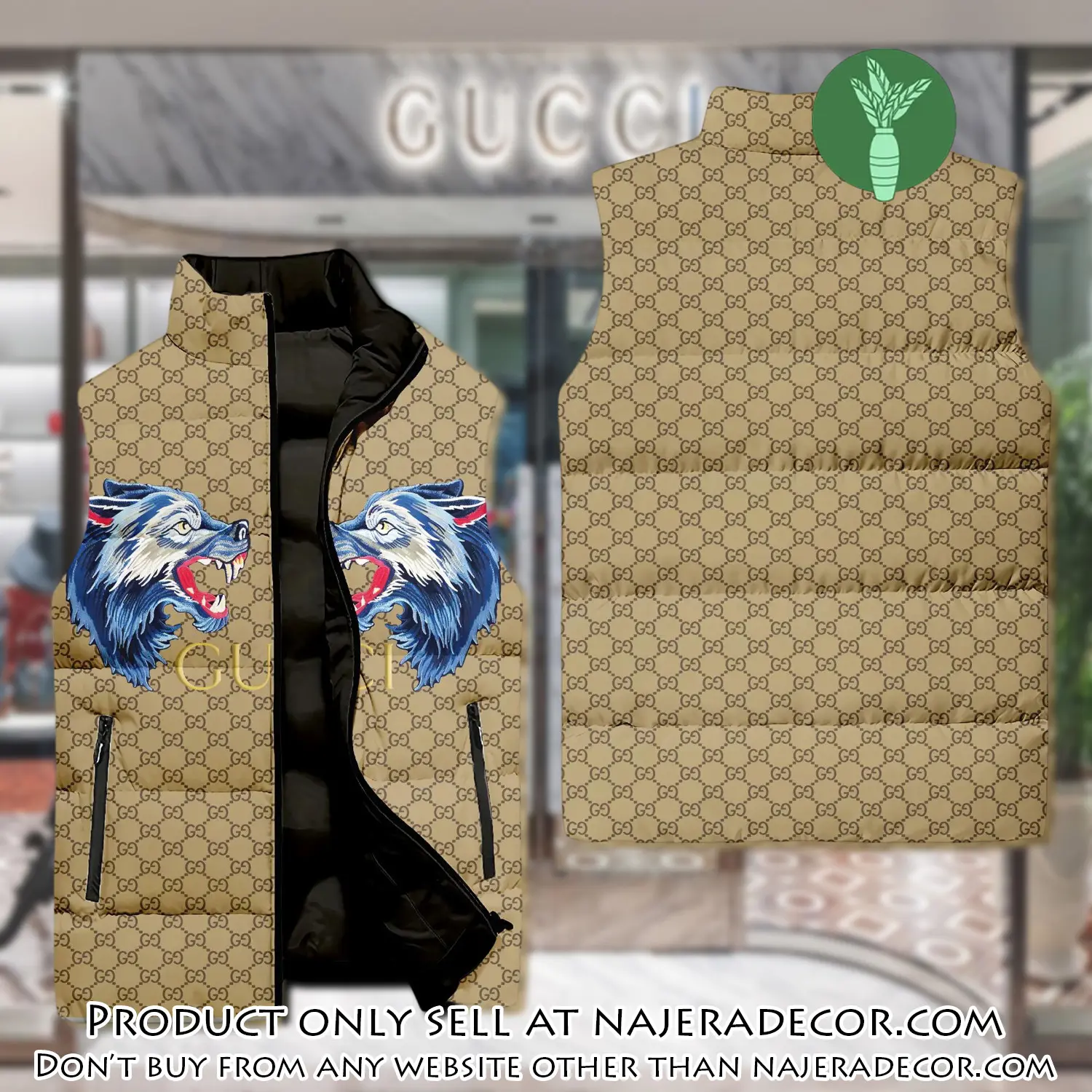 Gucci wolf yellow monogram luxury brand 3d sleeveless down jacket njr3557828